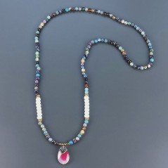 Collana Con Pietre Dure Agata Brasiliana,Giada Rosa Sfaccettato E Ciondolo Agata Fucsia Lavorato Marcasite