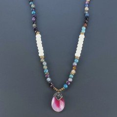 Collana Con Pietre Dure Agata Brasiliana,Giada Rosa Sfaccettato E Ciondolo Agata Fucsia Lavorato Marcasite