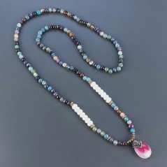 Collana Con Pietre Dure Agata Brasiliana,Giada Rosa Sfaccettato E Ciondolo Agata Fucsia Lavorato Marcasite