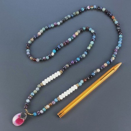 Collana Con Pietre Dure Agata Brasiliana,Giada Rosa Sfaccettato E Ciondolo Agata Fucsia Lavorato Marcasite