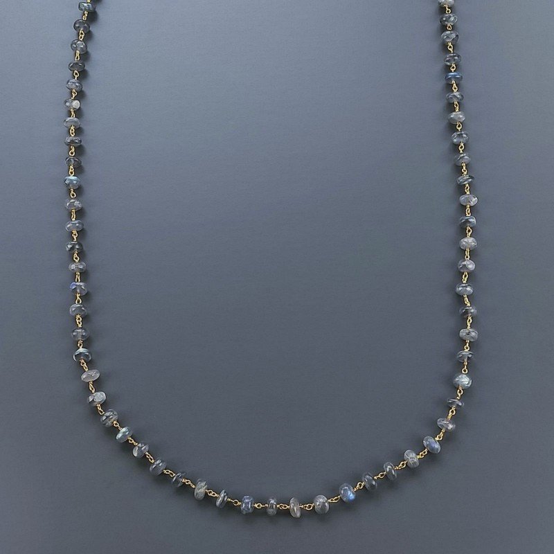 Collana A Nodo Orafo Dorato Pietre Dure Con Labradorite Madagascar Rondelle Liscio 7-8mm Annodato A Mano