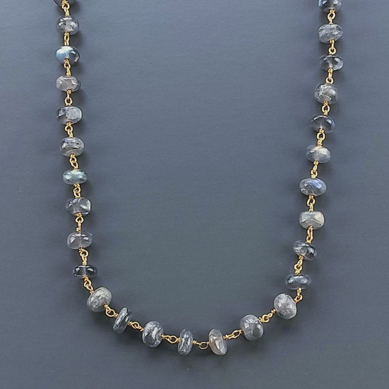 Collana A Nodo Orafo Dorato Pietre Dure Con Labradorite Madagascar Rondelle Liscio 7-8mm Annodato A Mano