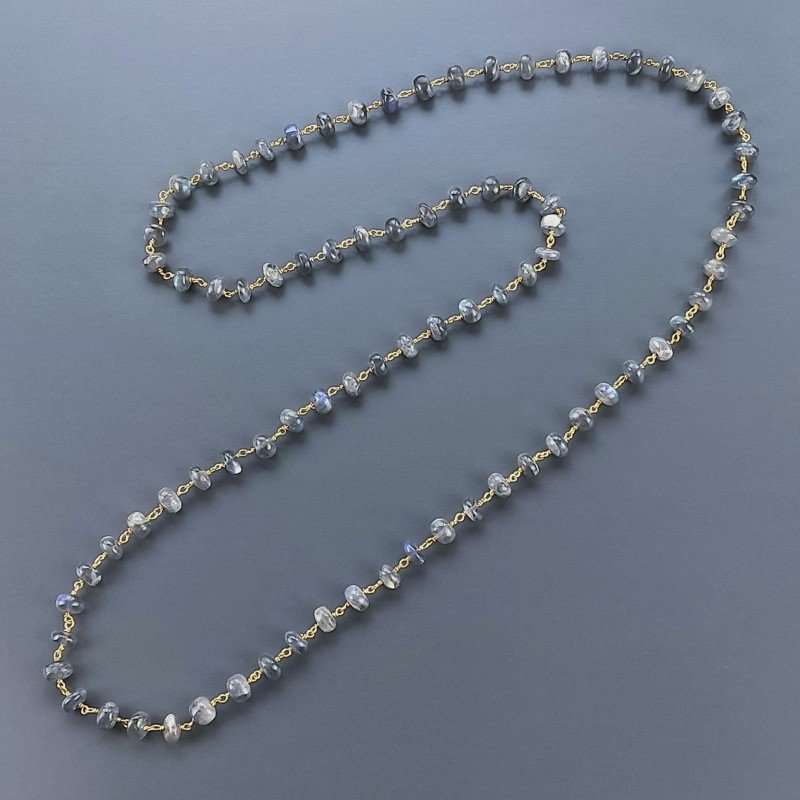 Collana A Nodo Orafo Dorato Pietre Dure Con Labradorite Madagascar Rondelle Liscio 7-8mm Annodato A Mano