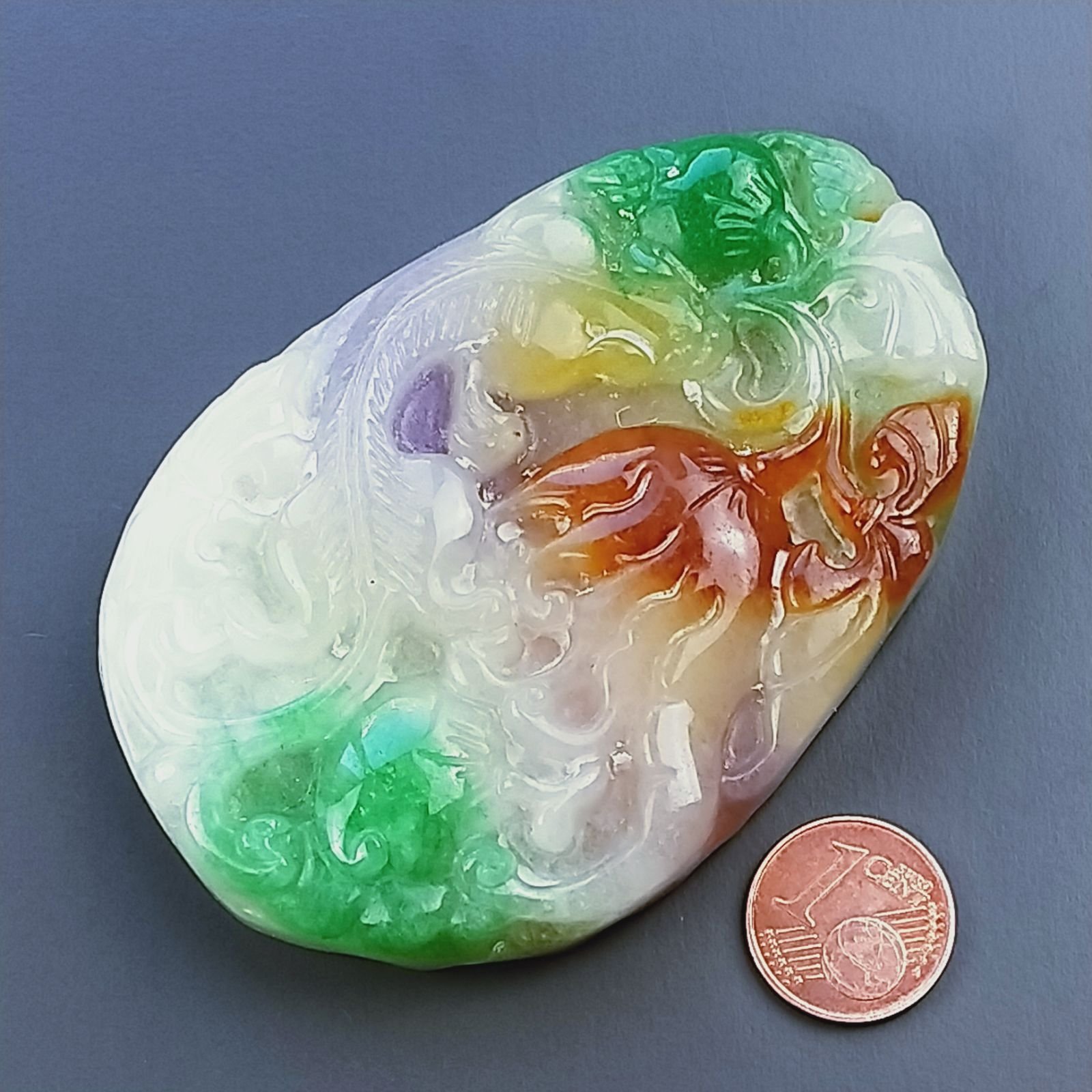 Ciondolo A Piastre Di Giada Imperiale Burma Ovale Inciso Fiore 77X50X12mm