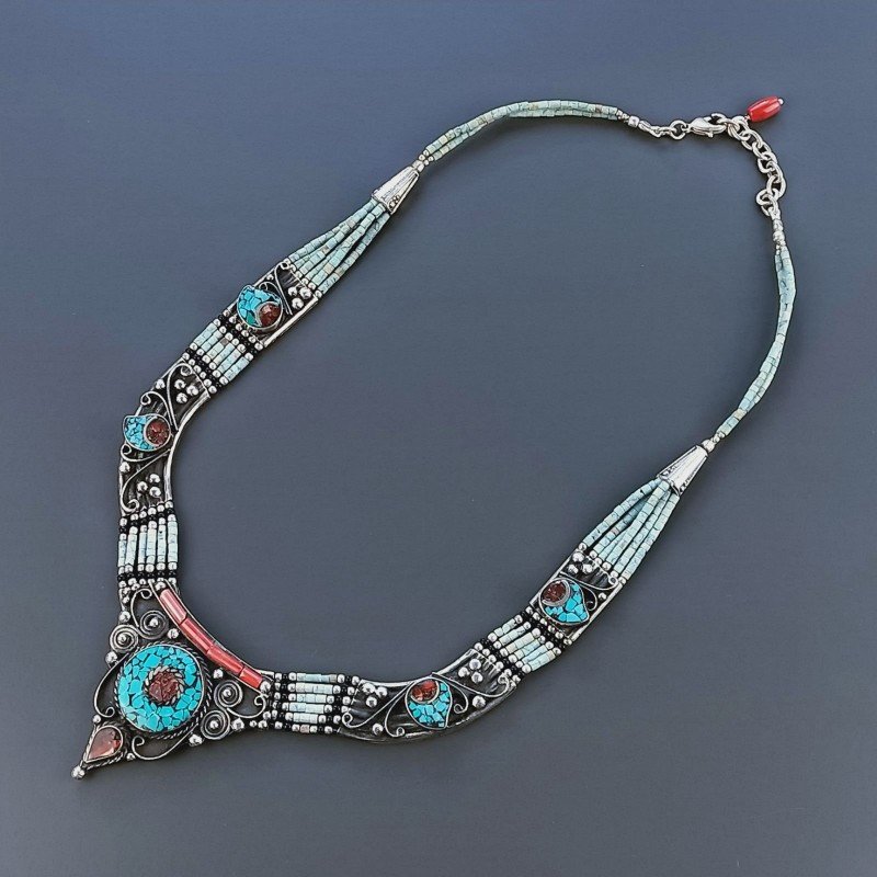 Collana Girocollo Etnica Tibetano In Ottone Argentato Con Pasta Di Turchese E Corallo Bamboo