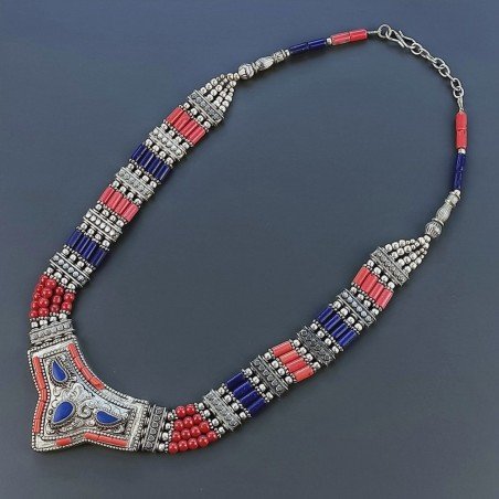 Collana Girocollo Etnica Tibetano In Ottone Argentato Con Corallo Bamboo E Lapis Lazuli