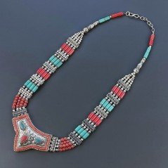 Collana Girocollo Etnica Tibetano In Ottone Argentato Con Pasta Di Turchese E Corallo Bamboo