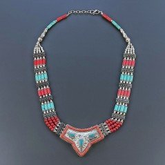 Collana Girocollo Etnica Tibetano In Ottone Argentato Con Pasta Di Turchese E Corallo Bamboo
