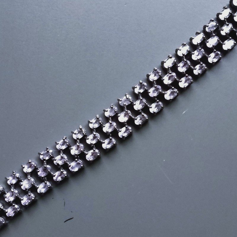 Bracciale Tennis 3 Fili Con Ametista Rosa Di Francia Naturale Ovale Sfaccettato Brunito -1pz