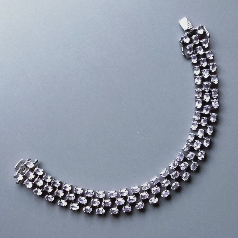 Bracciale Tennis 3 Fili Con Ametista Rosa Di Francia Naturale Ovale Sfaccettato Brunito -1pz