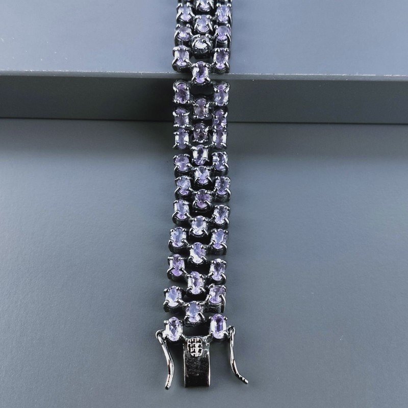 Bracciale Tennis 3 Fili Con Ametista Rosa Di Francia Naturale Ovale Sfaccettato Brunito -1pz