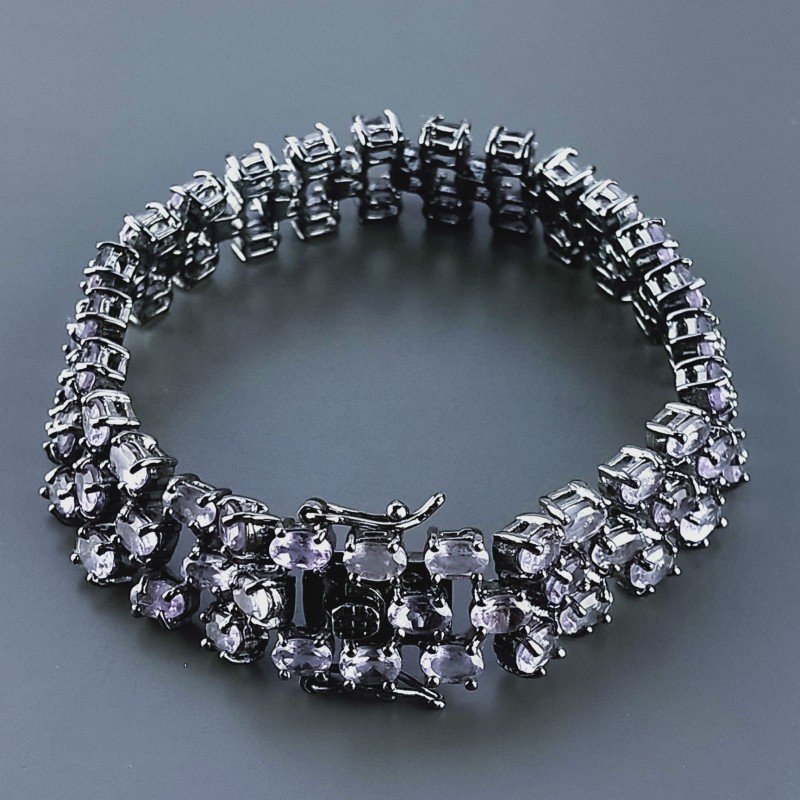 Bracciale Tennis 3 Fili Con Ametista Rosa Di Francia Naturale Ovale Sfaccettato Brunito -1pz