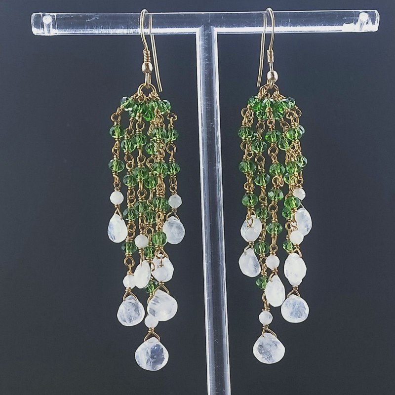 Orecchini Pioggia A Nodo Orafo Dorato Con Zircone Verde E Pietra Di Luna Goccia Briolette Sfaccettato A Mano