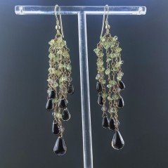Orecchini Pioggia A Nodo Orafo Dorato Con Peridoto E Quarzo Fume Goccia Tondo Liscio A Mano