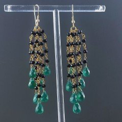 Orecchini Pioggia A Nodo Orafo Dorato Con Spinello Nero E Onice Verde Goccia Tondo Sfaccettato A Mano