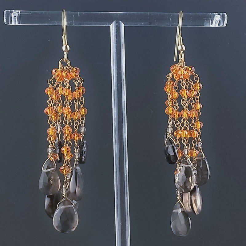 Orecchini Pioggia A Nodo Orafo Dorato Con Zircone Arancione E Quarzo Fume Goccia Briolette Sfaccettato A Mano