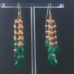 Orecchini Pioggia A Nodo Orafo Dorato Con Agata Rosa E Onice Verde Goccia Briolette Sfaccettato A Mano