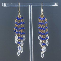 Orecchini Pioggia A Nodo Orafo Dorato Con Zircone Blu E Cristallo Di Rocca Goccia Sfaccettato A Mano