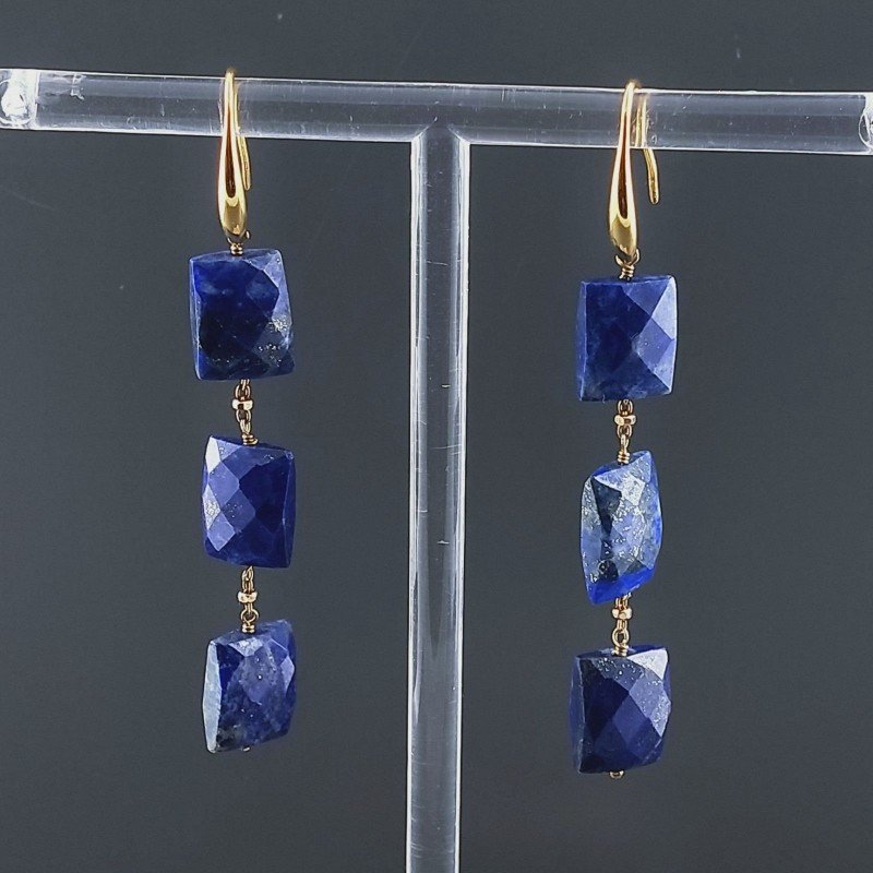 Orecchini In Argento 925 A Nodo Orafo Dorato Con Lapis Lazuli Rettangolo Briolette Sfaccettato A Mano