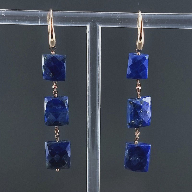 Orecchini In Argento 925 A Nodo Orafo Oro Rosa Con Lapis Lazuli Rettangolo Briolette Sfaccettato A Mano