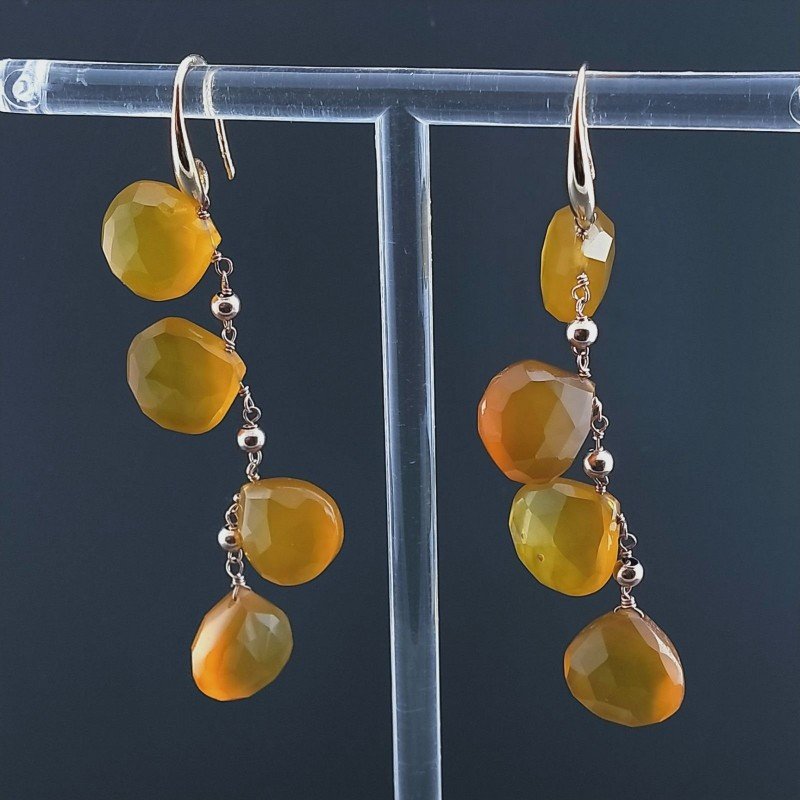 Orecchini In Argento 925 A Nodo Orafo Oro Rosa Con Calcedonio Giallo Goccia Briolette Sfaccettato A Mano