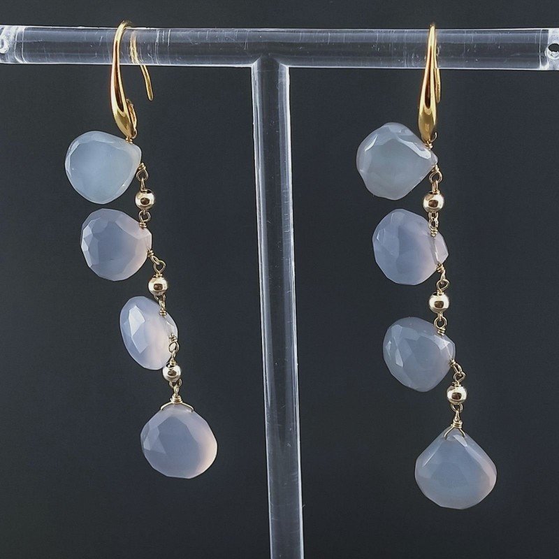 Orecchini In Argento 925 A Nodo Orafo Dorato Con Calcedonio Grigio Goccia Briolette Sfaccettato A Mano
