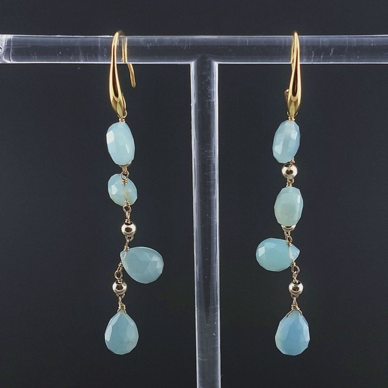 Orecchini In Argento 925 A Nodo Orafo Dorato Con Calcedonio Verde Acqua Goccia Briolette Sfaccettato A Mano