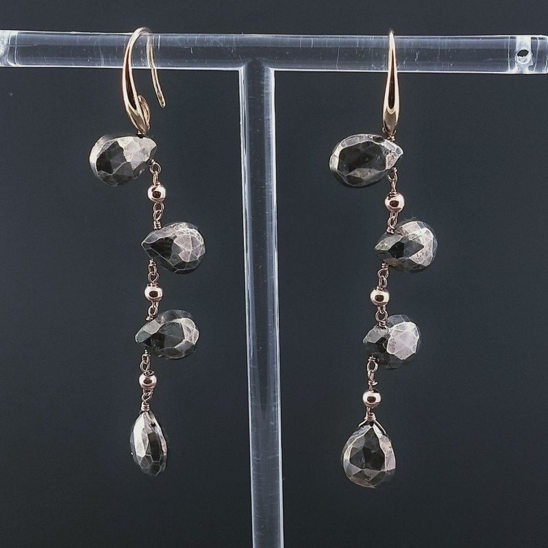 Orecchini In Argento 925 A Nodo Orafo Oro Rosa Con Pirite Naturale Goccia Briolette Sfaccettato A Mano