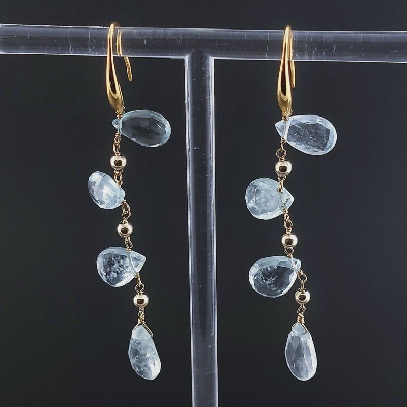 Orecchini In Argento 925 A Nodo Orafo Dorato Con Acquamarina Naturale Goccia Briolette Sfaccettato A Mano