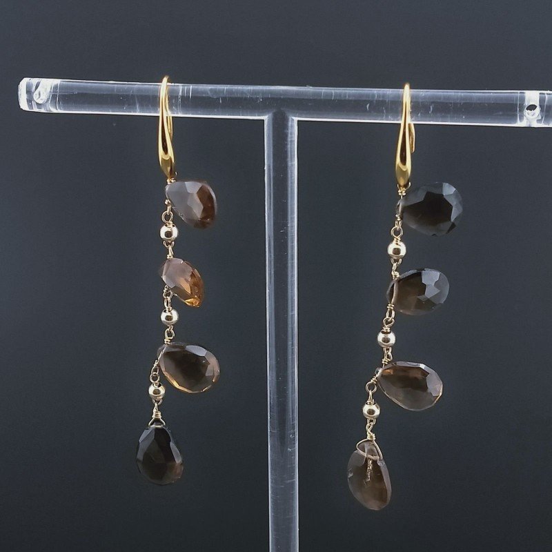 Orecchini In Argento 925 A Nodo Orafo Dorato Con Quarzo Birra Goccia Briolette Sfaccettato A Mano