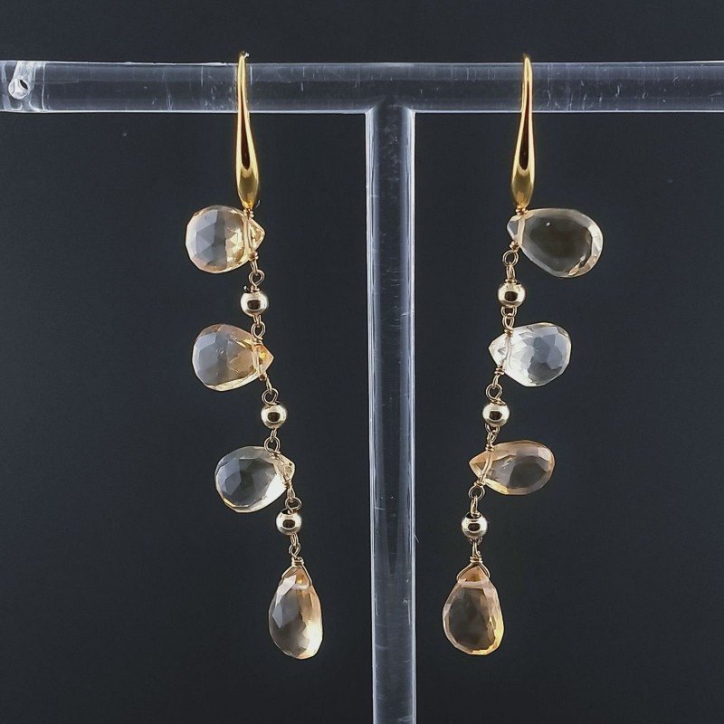 Orecchini In Argento 925 A Nodo Orafo Dorato Con Quarzo Citrino Goccia Briolette Sfaccettato A Mano