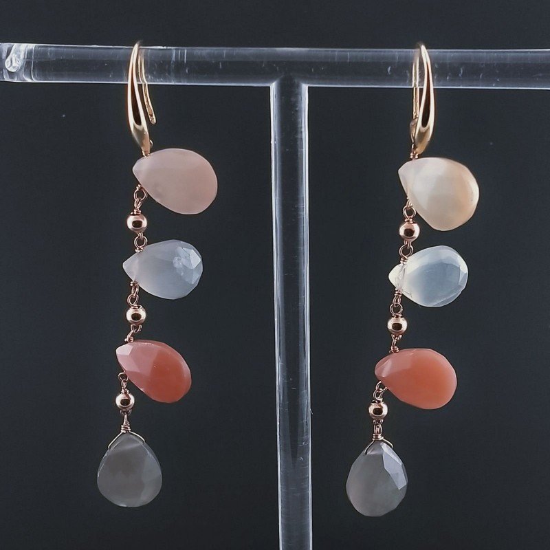Orecchini In Argento 925 A Nodo Orafo Oro Rosa Con Pietra Di Luna Multi Goccia Briolette Sfaccettato A Mano