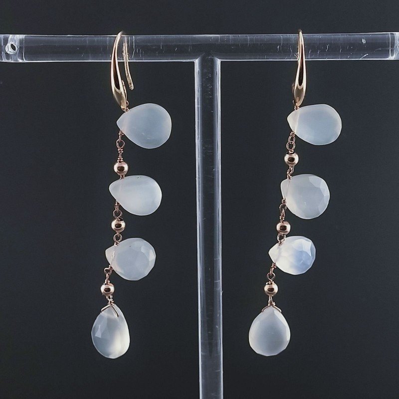 Orecchini In Argento 925 A Nodo Orafo Oro Rosa Con Pietra Di Luna (Adularia) Goccia Briolette Sfaccettato A Mano