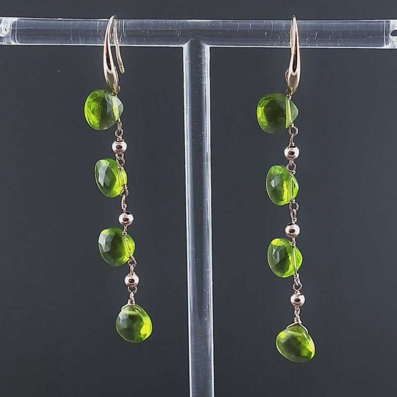 Orecchini In Argento 925 A Nodo Orafo Oro Rosa Con Olivina (Peridoto) Idrotermale Goccia Briolette Sfaccettato A Mano