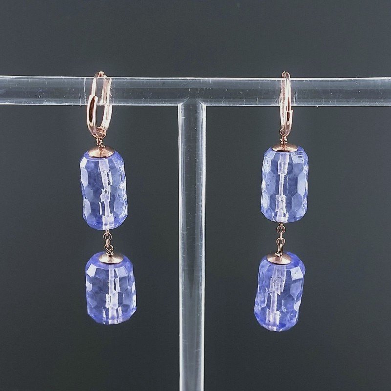 Orecchini In Argento 925 A Nodo Orafo Oro Rosa Con Cristallo Di Rocca Diamantata Blu Tubetti Sfaccettato A Mano