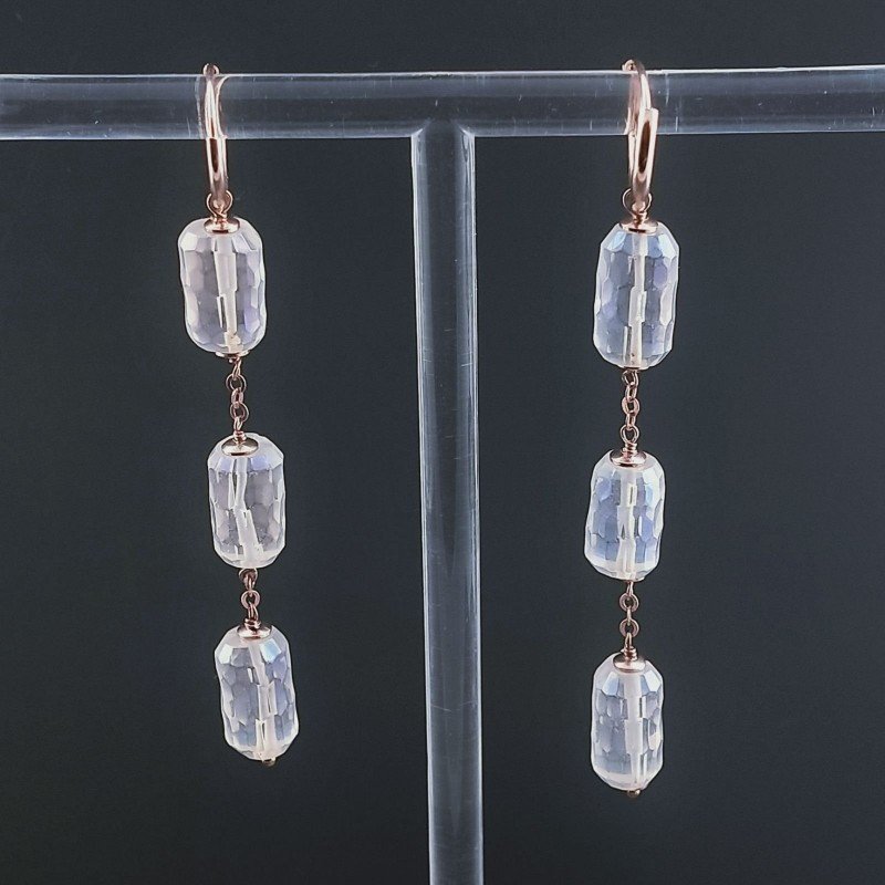 Orecchini In Argento 925 A Nodo Oro Rosa Con Cristallo Di Rocca Diamantata Mistico Tubetti Sfaccettato A Mano