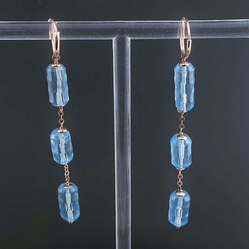 Orecchini In Argento 925 A Nodo Orafo Oro Rosa Con Cristallo Di Rocca Diamantata Azzurro Tubetti Sfaccettato A Mano