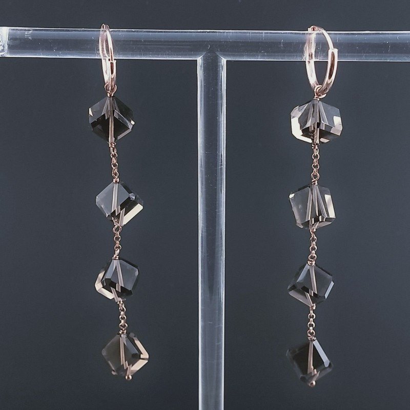 Orecchini In Argento 925 A Nodo Orafo Oro Rosa Con Quarzo Fume Cubetti Sfaccettato A Mano