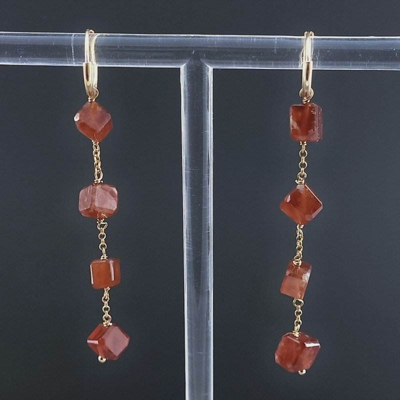 Orecchini In Argento 925 A Nodo Orafo Dorato Con Granato Hessonite Cubetti Sfaccettato A Mano