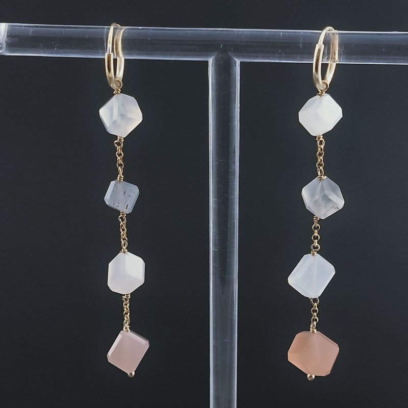 Orecchini In Argento 925 A Nodo Orafo Dorato Con Pietra Di Luna Multi Cubetti Sfaccettato A Mano