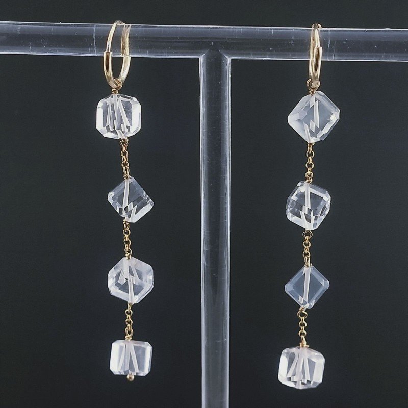 Orecchini In Argento 925 A Nodo Orafo Dorato Con Topazio Bianco Cubetti Sfaccettato A Mano