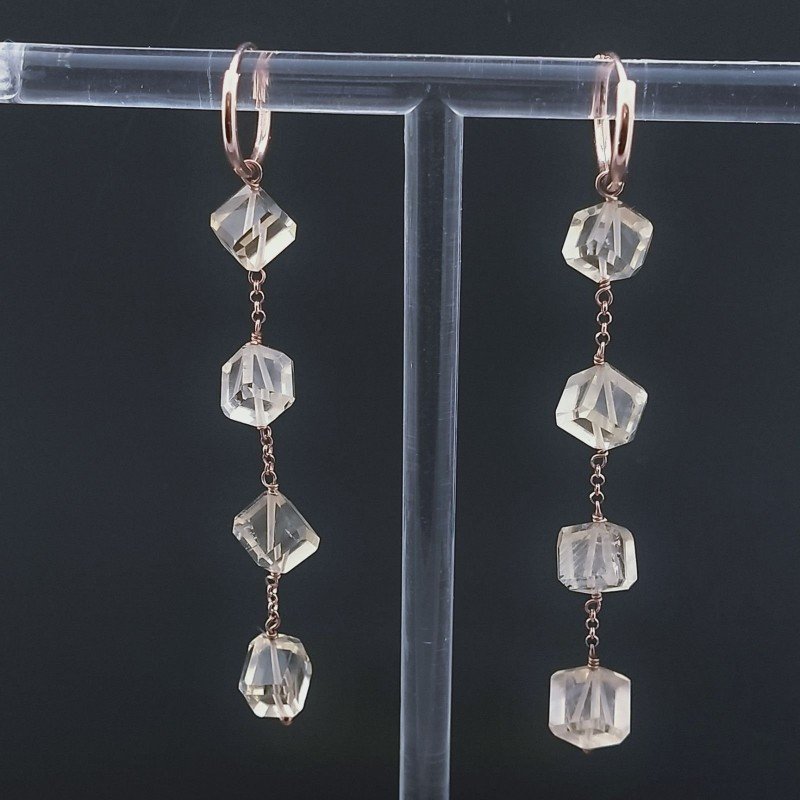 Orecchini In Argento 925 A Nodo Orafo ORo Rosa Con Quarzo Citrino Cubetti Sfaccettato A Mano