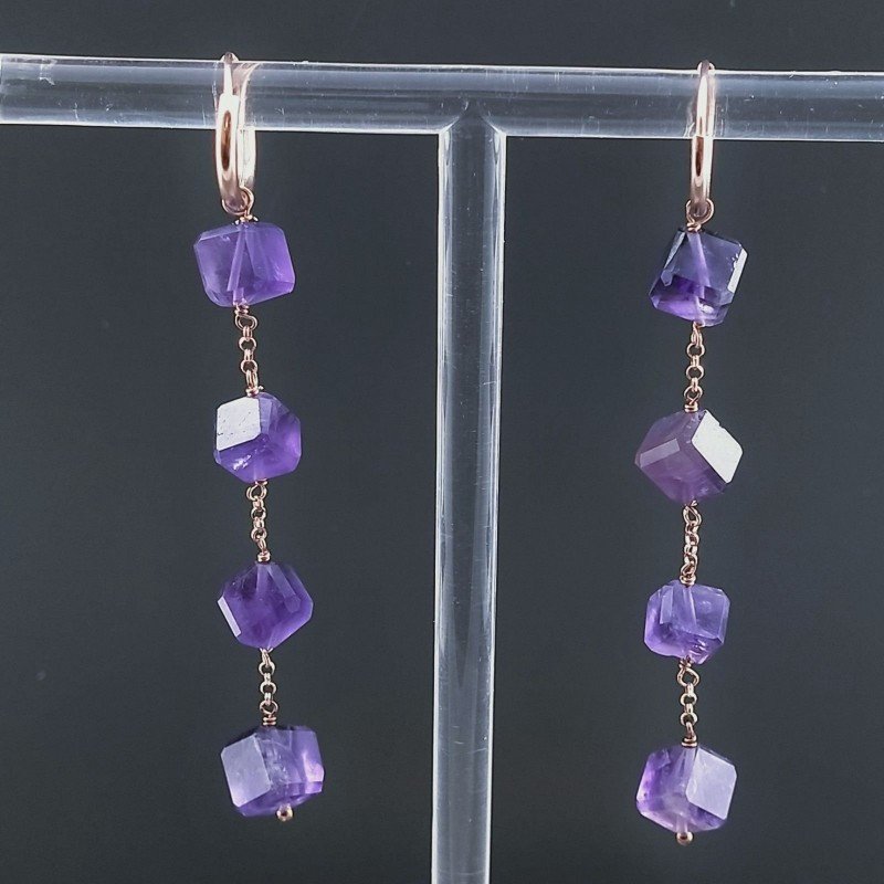 Orecchini In Argento 925 A Nodo Orafo Oro Rosa Con Ametista Africana Cubetti Sfaccettato A Mano