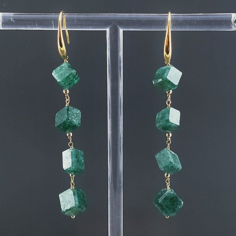 Orecchini In Argento 925 A Nodo Orafo Dorato Con Avventurina Verde Cubetti Sfaccettato A Mano