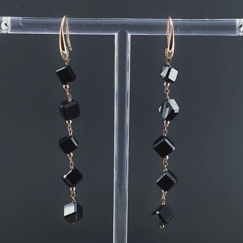 Orecchini In Argento 925 A Nodo Orafo Oro Rosa Con Spinello Nero Cubetti Sfaccettato A Mano