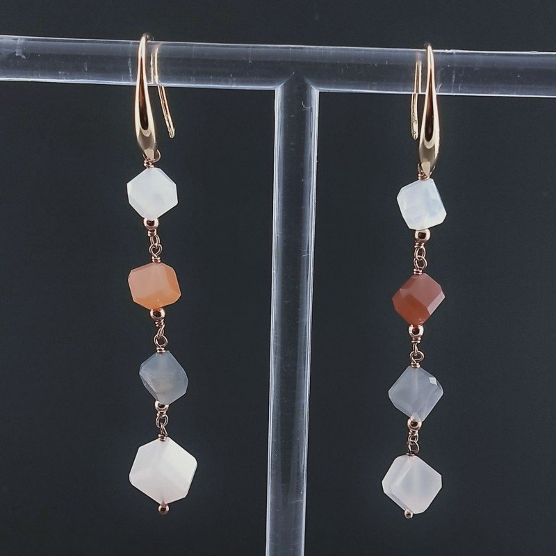 Orecchini In Argento 925 A Nodo Orafo Oro Rosa Con Pietra Di Luna Multi Cubetti Sfaccettato A Mano