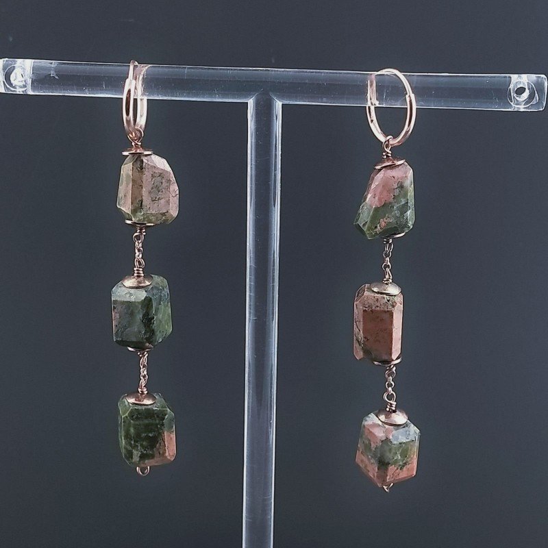 Orecchini In Argento 925 A Nodo Orafo Oro Rosa Con Unakite Taglio Laser Sassi Sfaccettato A Mano