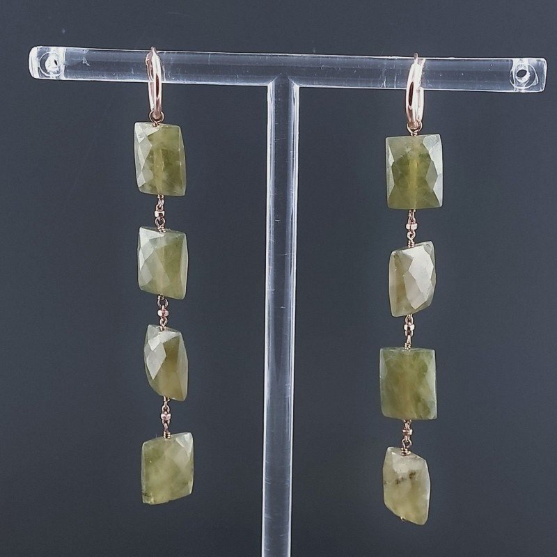 Orecchini In Argento 925 A Nodo Orafo Oro Rosa Con Olivina (Peridoto) Rettangolo Briolette Sfaccettato A Mano