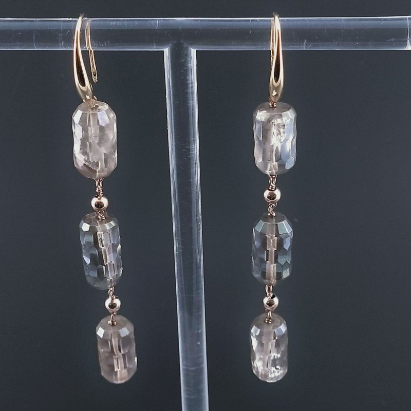 Orecchini In Argento 925 A Nodo Orafo Oro Rosa Con Cristallo Di Rocca Diamantata Fume Tubetti Sfaccettato A Mano