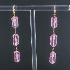 Orecchini In Argento 925 A Nodo Orafo Dorato Con Cristallo Di Rocca Diamantata Fucsia Tubetti Sfaccettato A Mano